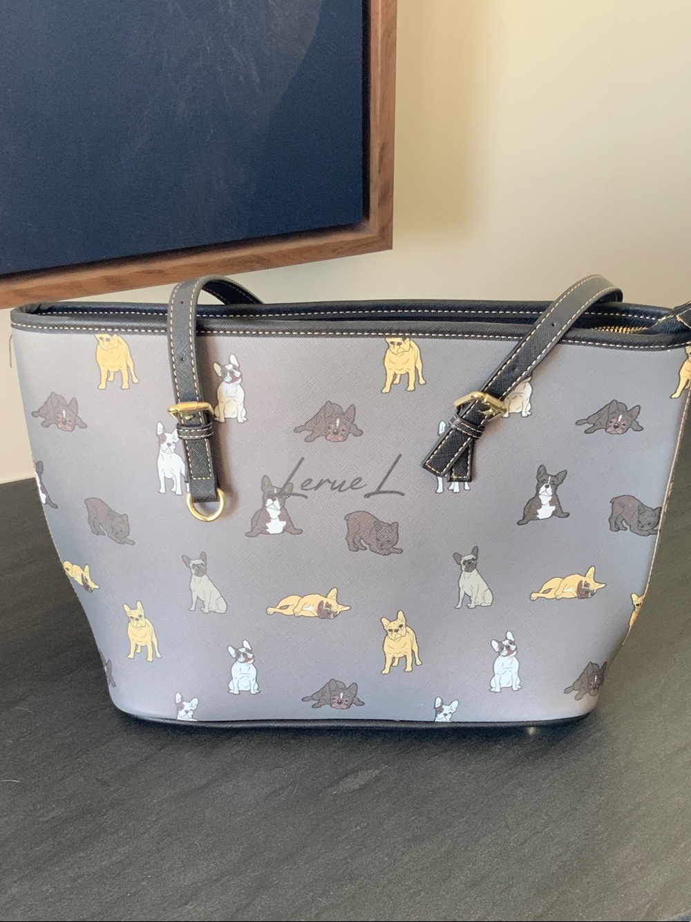 Gray Tote with Playful French Bulldog Pattern
